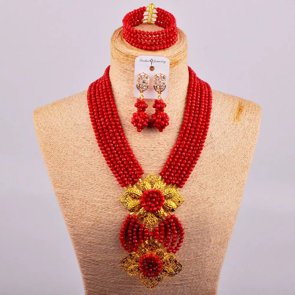 

Непрозрачный Красный Кристалл ожерелье Модные африканские бусы комплект ювелирных изделий