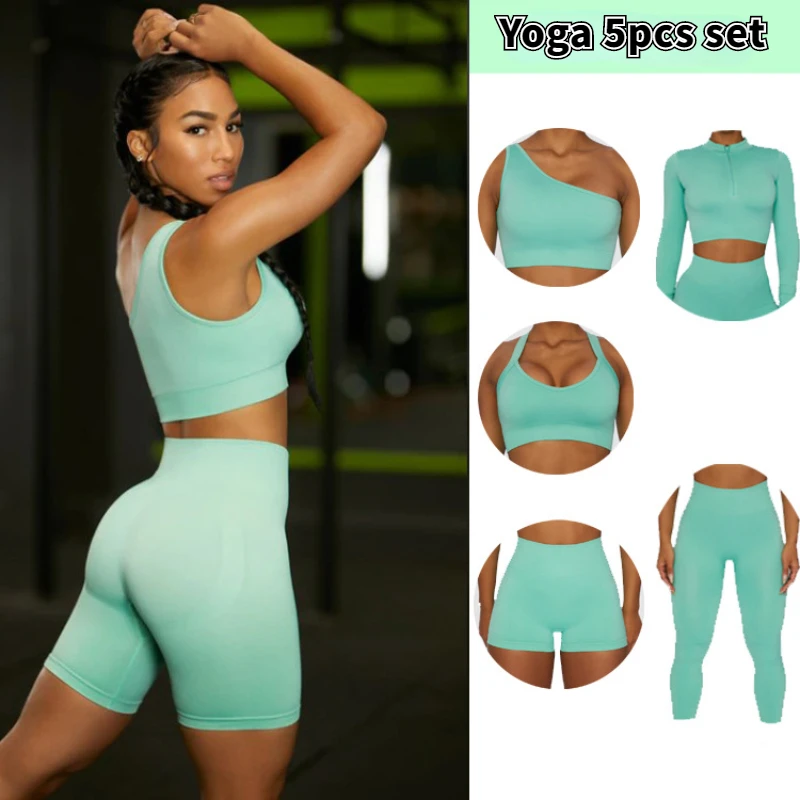 2/3/5 Piece Set Women Seamless Yoga Clothes Femal Sports Underwear Bra High Waist Hip Lifting Pants Fitness Long Sleeve Leggings