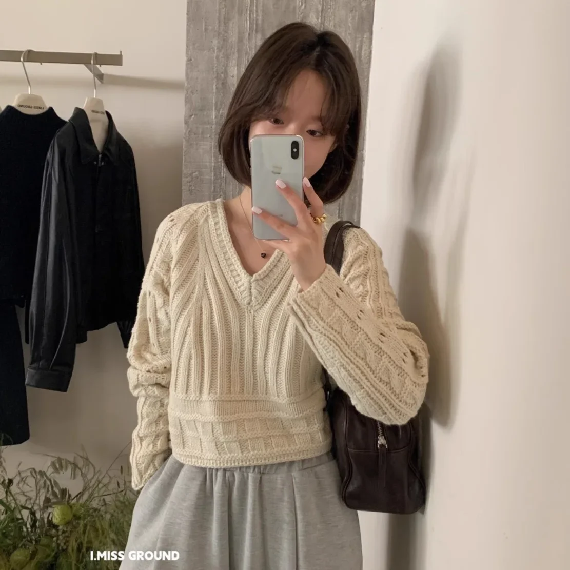 IMISS Короткий тяжелый вязаный свитер с v-образным вырезом женские осенне-зимние