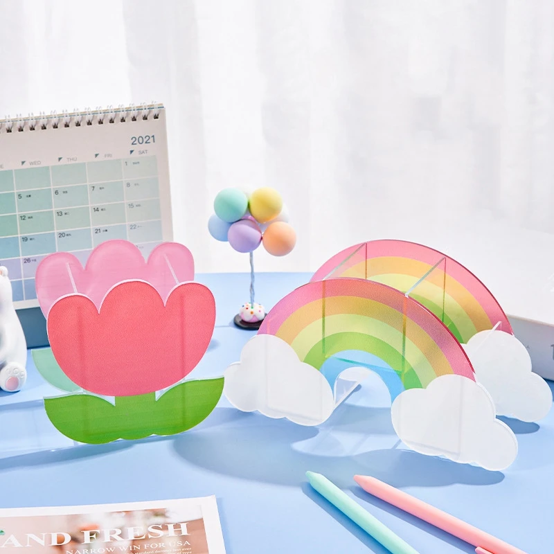 Cute Cactus Rainbow Shape Acrylic Pen Holder Multi Compartments Pencil Box Kids Desktop Stationery Organizer for School Office