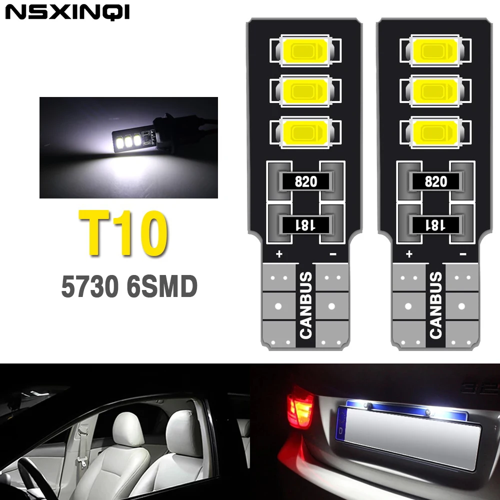 

NSXINQI 50pcs T10 Canbus LED Car Light 5630 5730 6SMD W5W Dome Trunk Indicator Bulbs License Plate Lighting 194 168 White DC 12V
