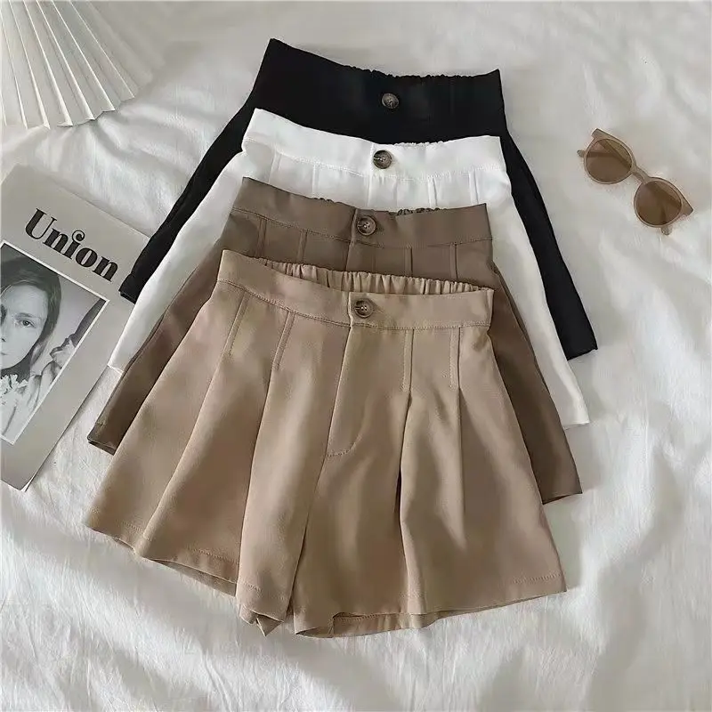 Summer Korean Fashion Shorts Women Simple Button Solid Color Folds High Waist Shorts Student Style Female Clothing Shorts y2k