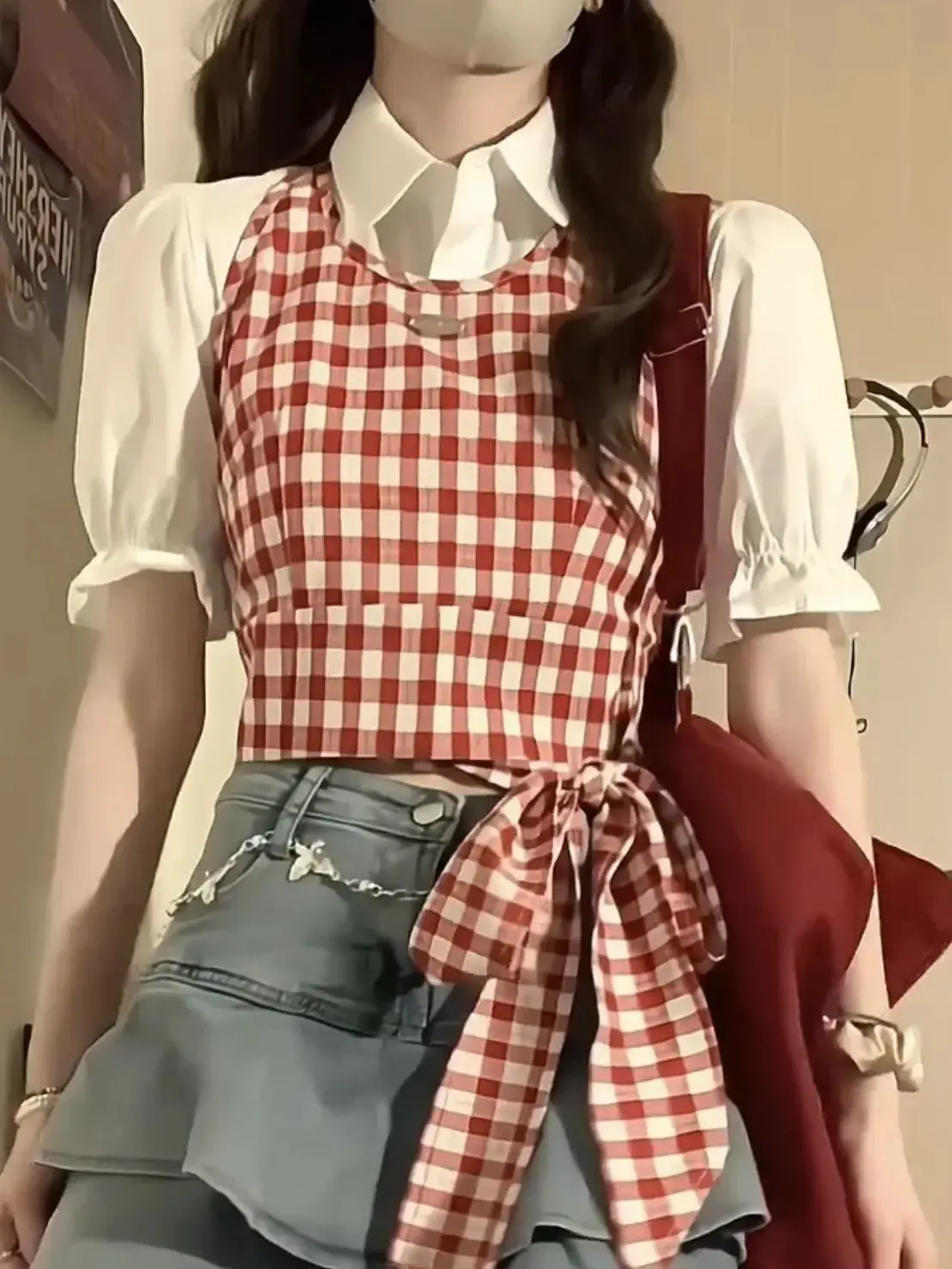 2024 корейский хип-хоп Красный Клетчатый жилет с бантом на шее Женская Летняя