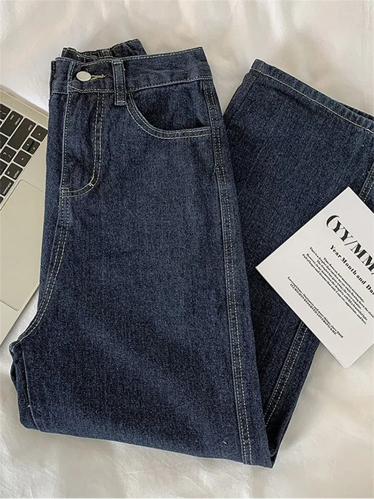 

Женские джинсы темно-синие, Осень-зима, новые винтажные джинсовые длинные брюки с высокой талией и широкими штанинами, модная уличная одежд...
