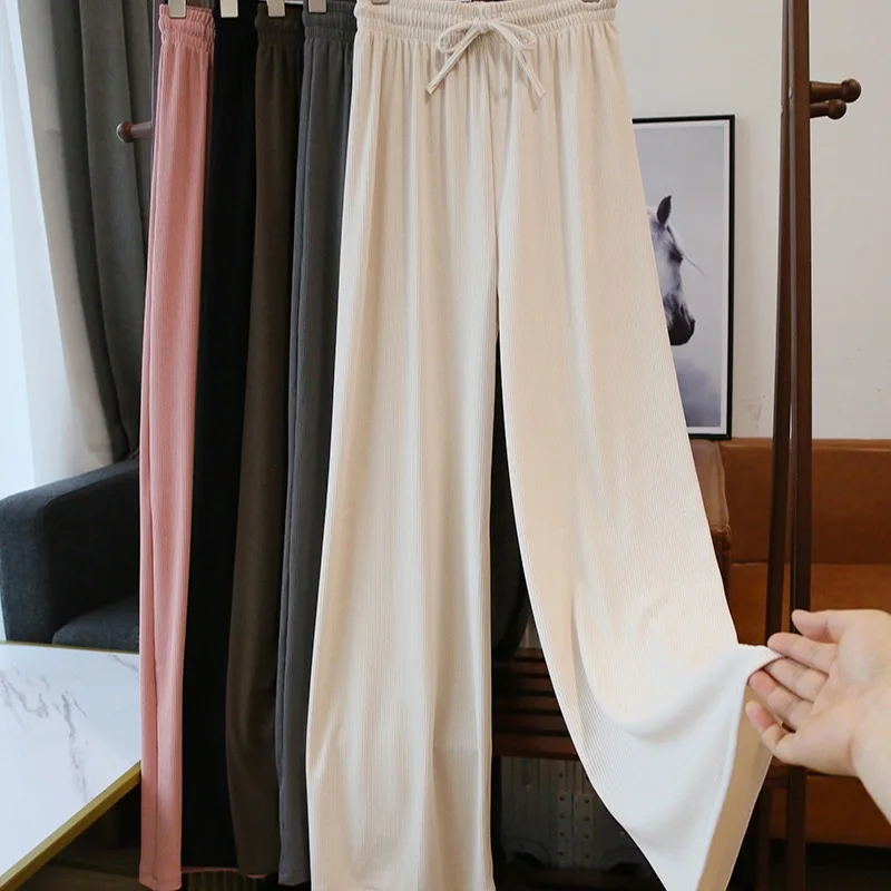 

Ice Silk Wide-Leg Pants Women Cool Sweatpants Summer Thin Pleat Loose Straight Pants Office Lady Casual Drawstring Long Trousers