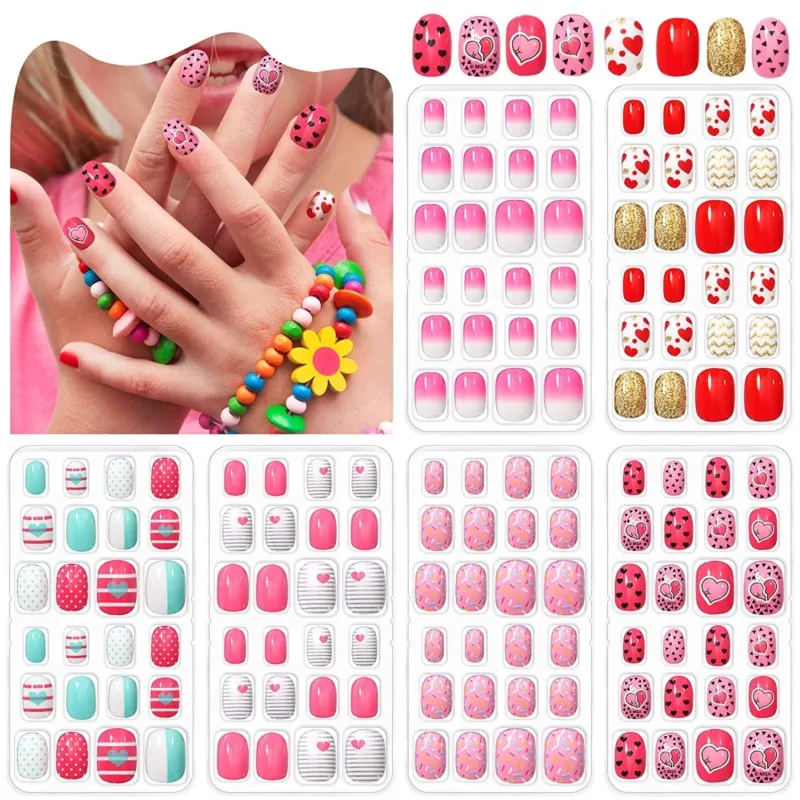 

24pcs Children Nails Press Tips On Pre-glue Full Cover Nail Tips Kit Glitter Gradient Color Rainbow Short Artificial False Tips