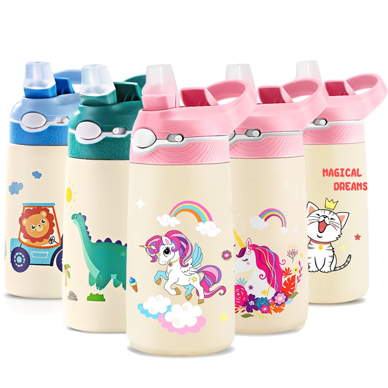 

400ML Kids Water Bottle Cartoon Animal Children's Cup With Straw Stainless Steel Vacuum Flacks Thermos Bottle Thermal Mug Cups