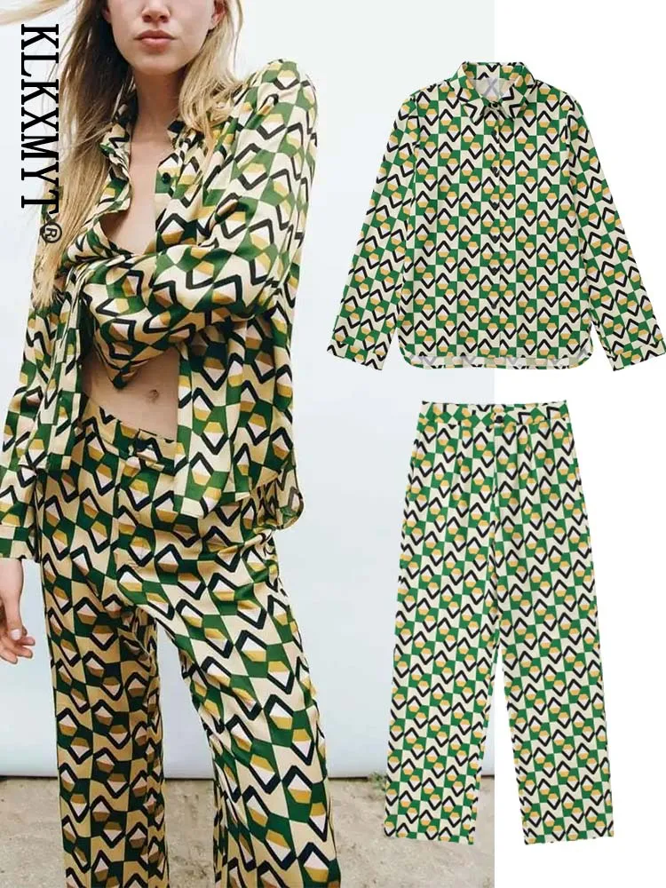 

ZA&ree Traf Women 2 Pieces Shirts Pants Sets 2022 New Fashion Print Suit Loose Blouse Tops+High Waist Pant Causal Female Set