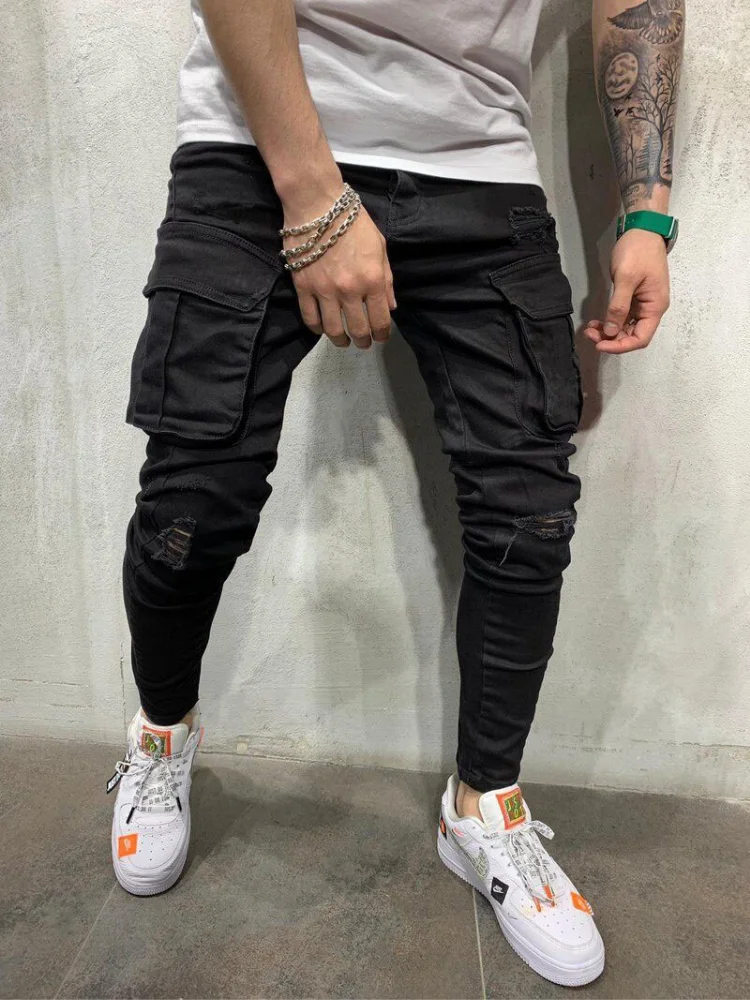 Fashion Mens Stretchy Skinny Jeans Male Casual Streetwear Jogger Pants Jeans High Street Multiple Pockets Slim Fit Denim Pants