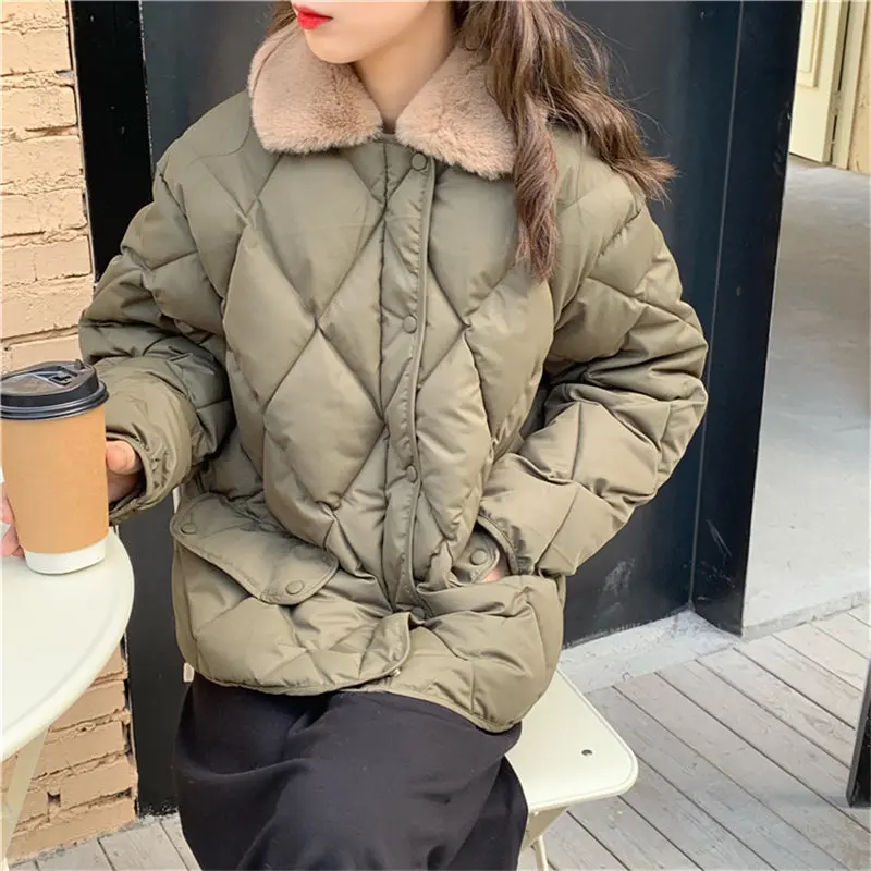 2021 Diamonds Women Thick Warm Loose Jacket Fur Collar Casual Fashion Womens Winter Cotton Coat Outerwear Feminina New Parkas