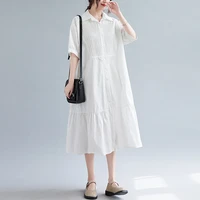 qiaoxicun vintage french short sleeve shirt dress woman vestidos summer new korean lapel pleated stitching design long dresses