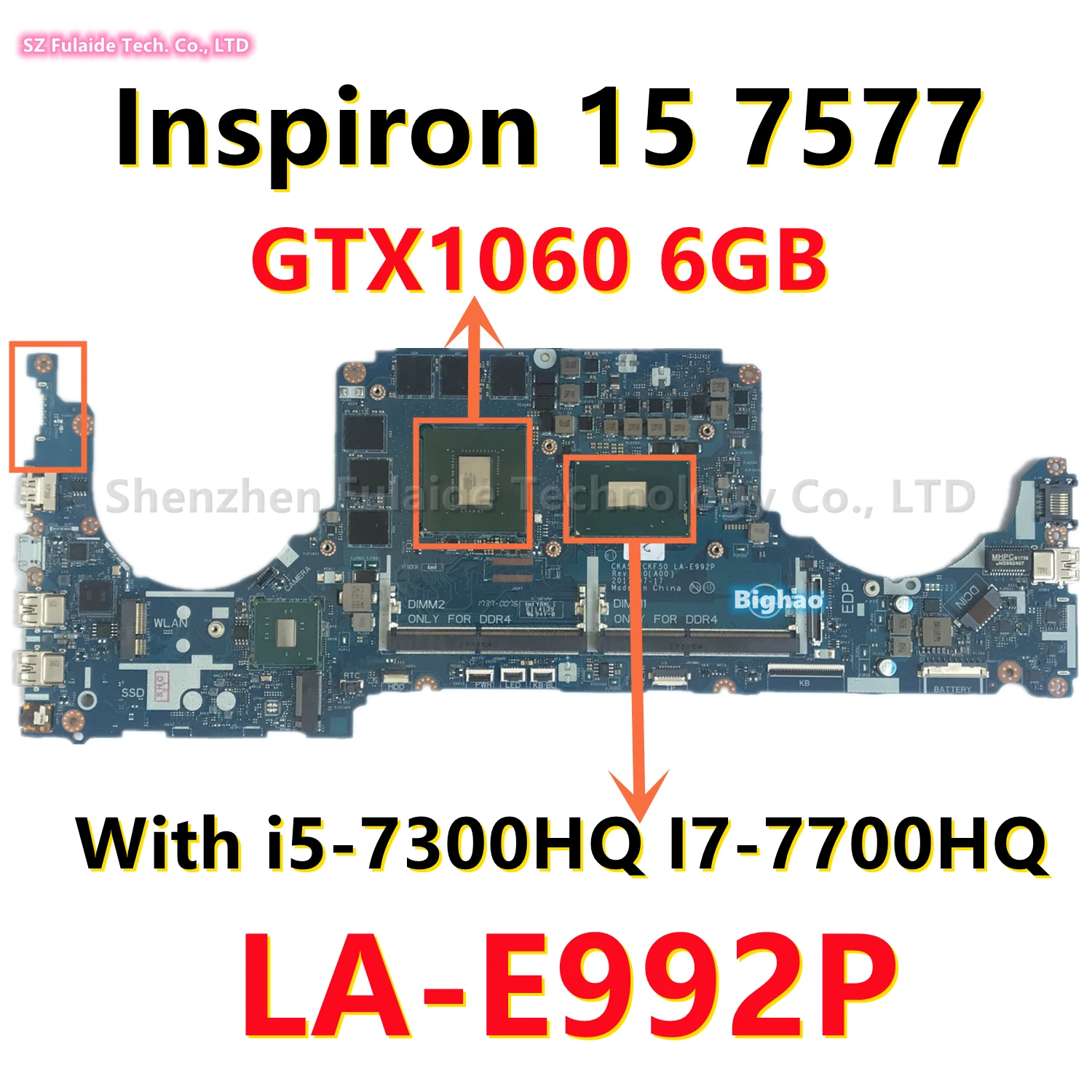 

Оригинальная материнская плата для ноутбука Dell Inspiron 15-7000 7577 7588 с фотографическим процессором LA-E992P GTX1060 6 ГБ