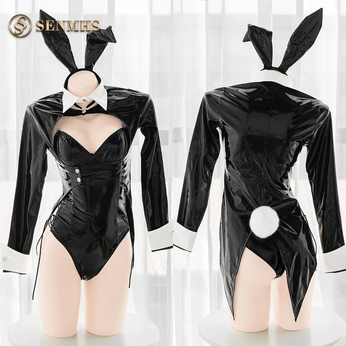

SENMHS Women Bunny Cosplay Costumes Hollow Out Full Body Harness Leather Lingerie Halter Neck Bondage Erotic Bodysuit Two Piece