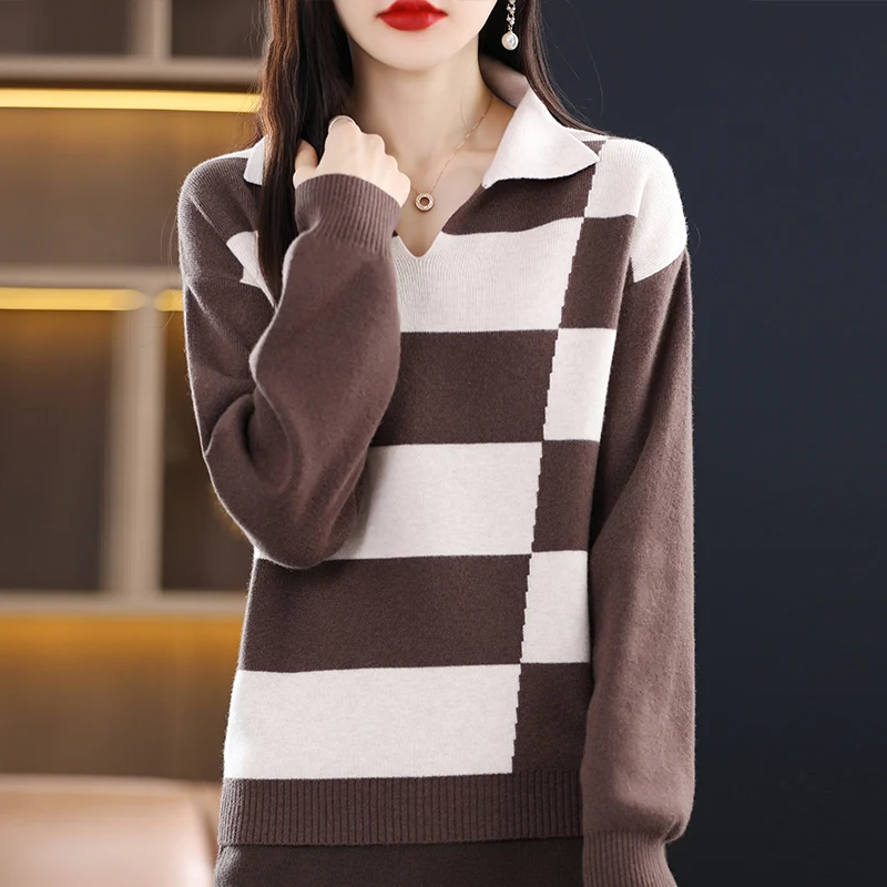 New Autumn And Winter Women's Striped Lapel Color Matching Sweater Loose Fashion Pure Wool Joker Bottom Knitting Sweater