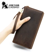 vintage genuine leather men long wallet thin cash money card photo coin purse holder clutch bag for man gift