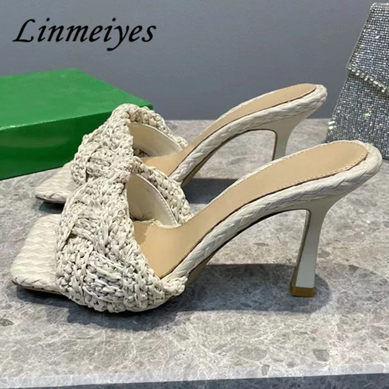 

Fashion High Heel Slippers Women Hand Woven Style Square Peep Toe Mules Shoes Lady Summer Sexy Stiletto Slippers Woman