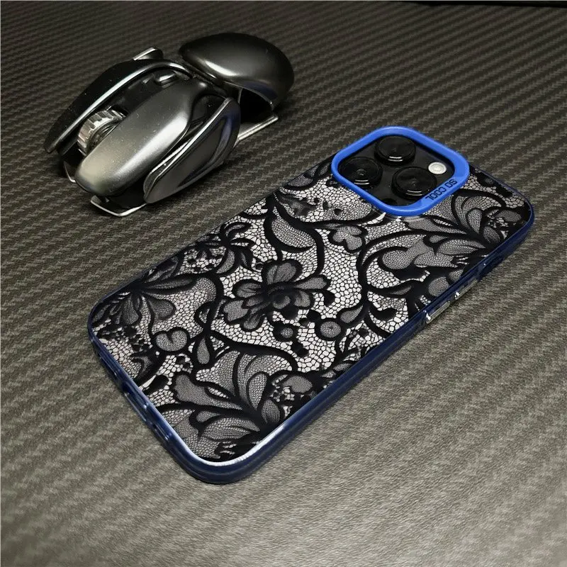 Фото Черный кружевной чехол для телефона для iPhone 17 17Air 16 15 14 13 12 11 Pro Max Mini XS XR X 7 8 Plus 16E противоударный жесткий чехол-бампер №4