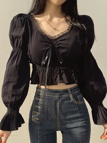 Chiffon Blouse Women Spring Summer Puff Sleeve Lace Up Ruffles Shirts Female Korean Fashion Preppy Style Sweet Tops Lady 2023
