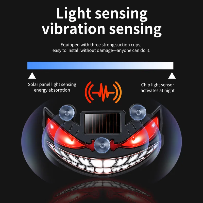 Фото Светодиодный автомобильный предупреждающий стробоскоп Devil's Face Sensor на солнечной энергии, многоцветный мигающий сигнальный фонарь безопасности на присоске для лобового стекла №4
