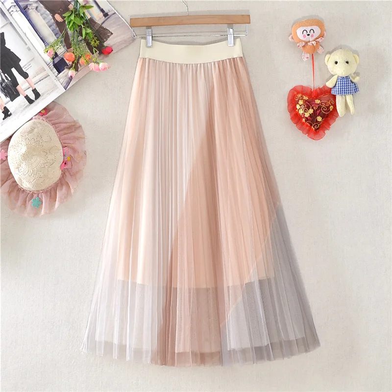 Muslim Women Elegant Double-Layer Mesh Midi Skirts Fashion Girls Ladies Streetwear High Waist Tulle Pleated Skirt  muslim skirt