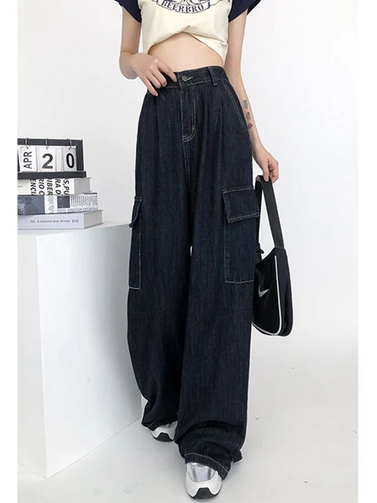 

Women Autumn Spring Harajuku Cargo Baggy Jeans Streetwear Hip Hop Oversize Casual Wide Leg Vintage Demin Pants Loose Trouser Y2k