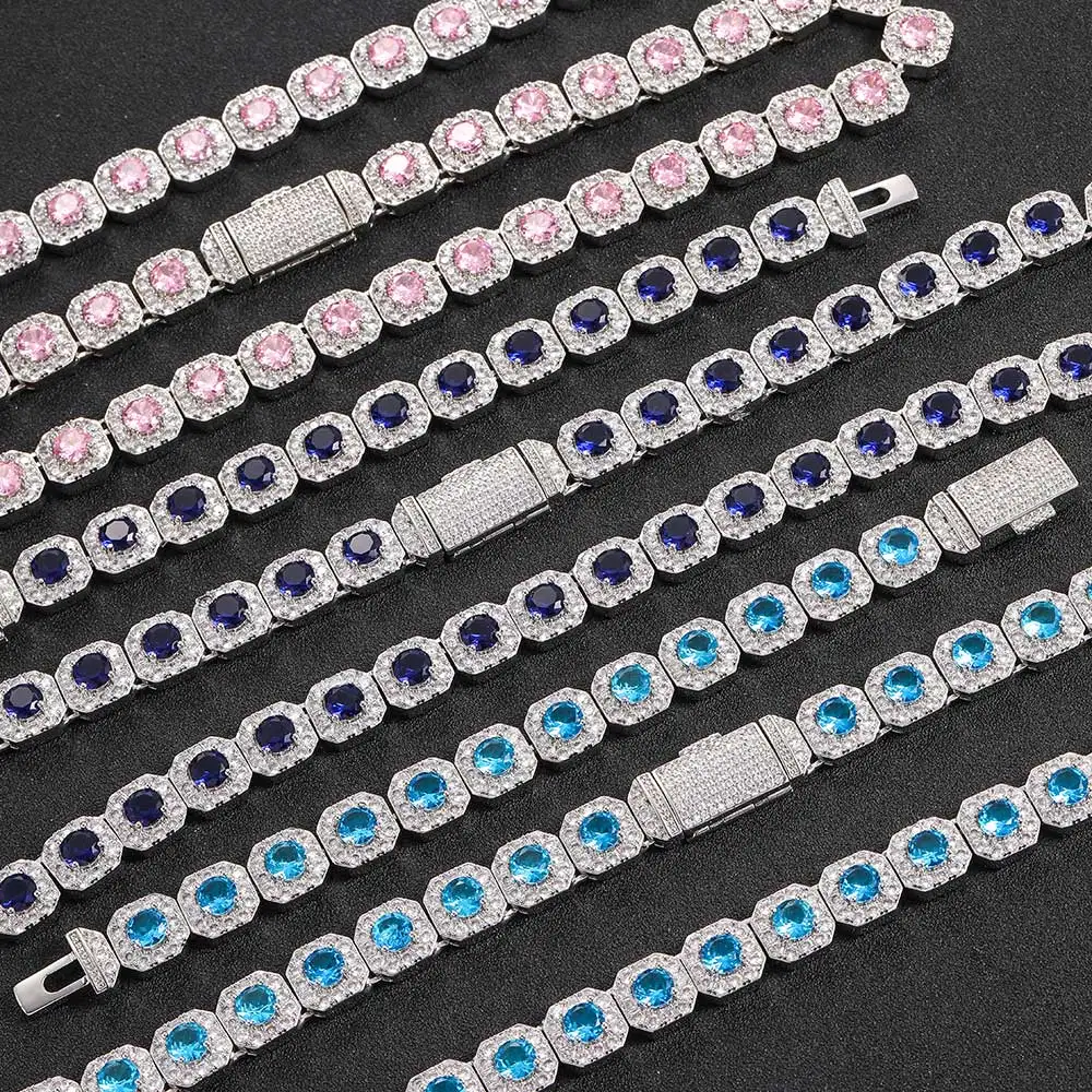 

12mm Hip Hop Pink Girl Cluster Tennis Chain Cubic Zirconia Diamond CZ Necklace for Women