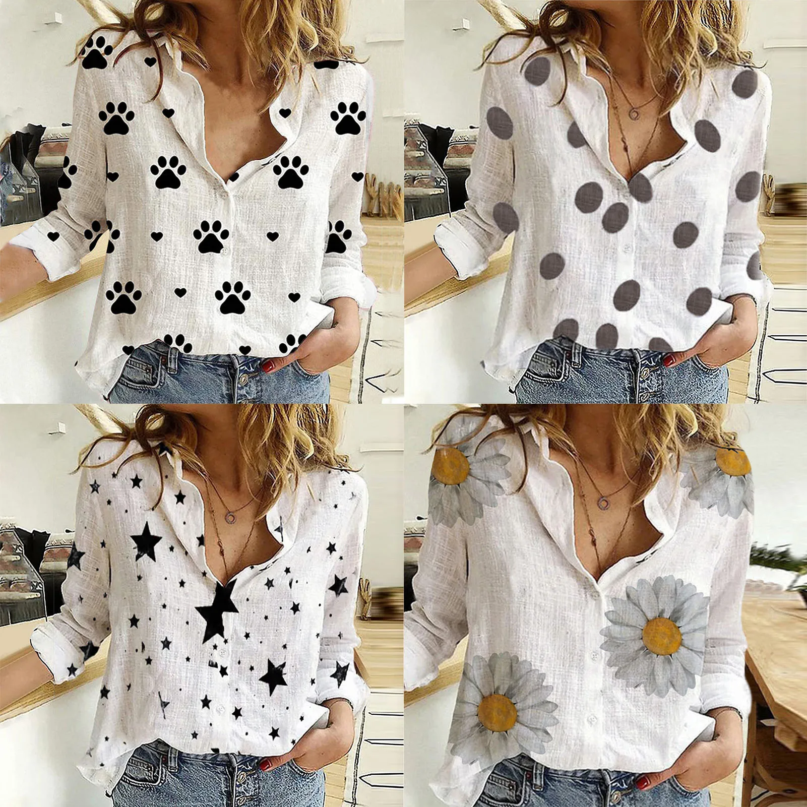 

Women Long Sleeve Turn Down Collar Printed Shirt in New Y2k Elegant Temperament Blouses High Street Fashion Harajuku Simple Coat