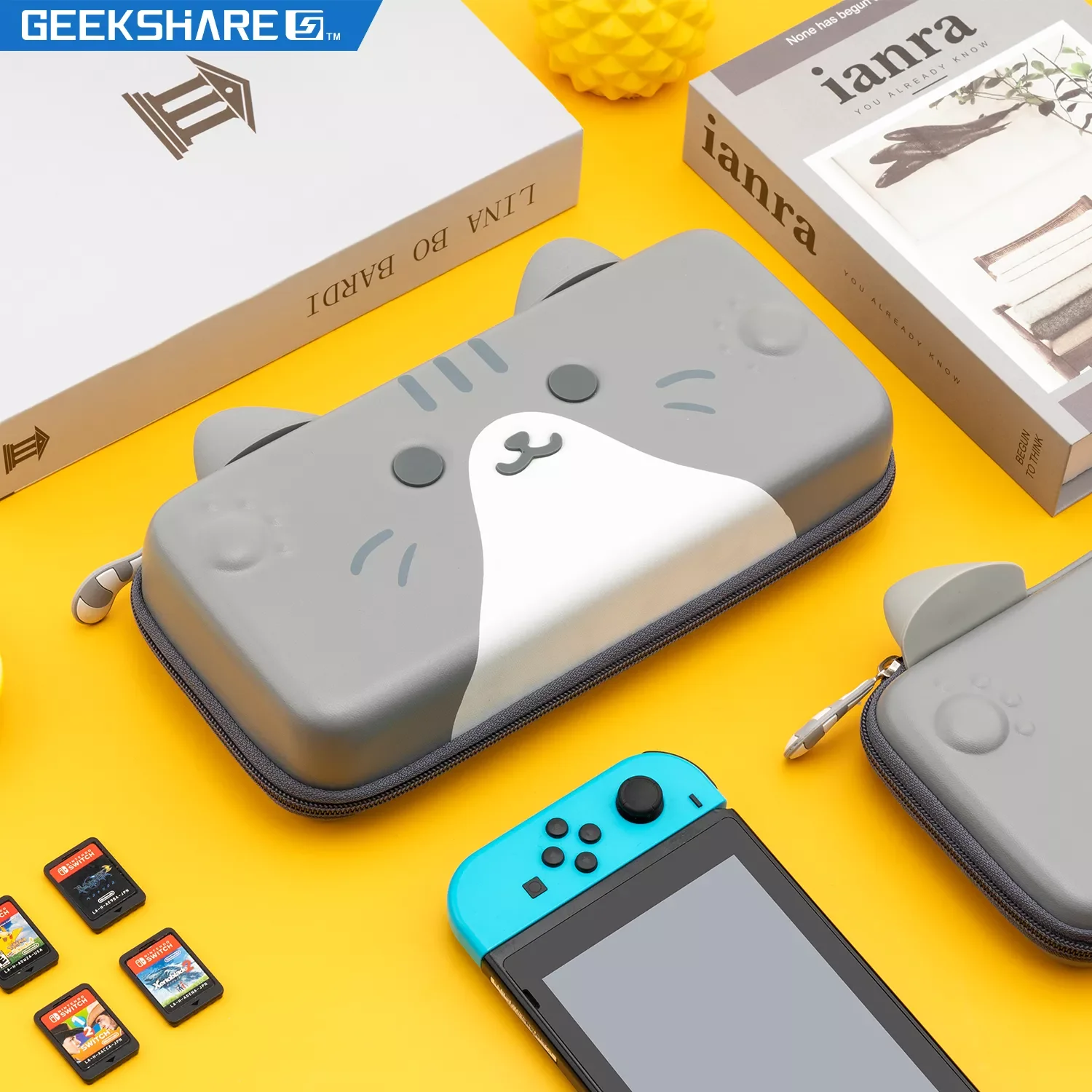 

GeekShare Cute Cats Ears Portable Case For Nintendo Switch And Lite Gray 3D Ears Travel Carrying Case For Nintendo Switch OLED
