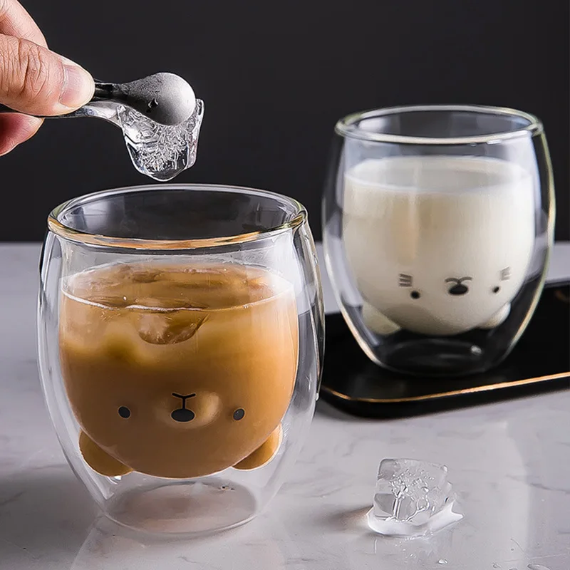 

Креативная картонная двухслойная кофейная кружка с милым медведем, двойная стеклянная чашка, кружки, кофейные чашки, кружка с соломинкой, бесплатная доставка 2023