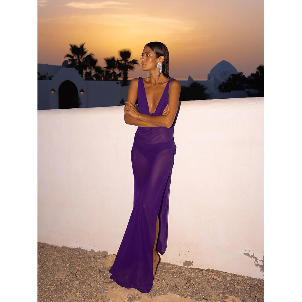 

R0at Purple Saree Sexy Backless Holiday Style Summer Sleeveless Dresses Niche Absolute Beauty People Silk Flattering Long Dresse