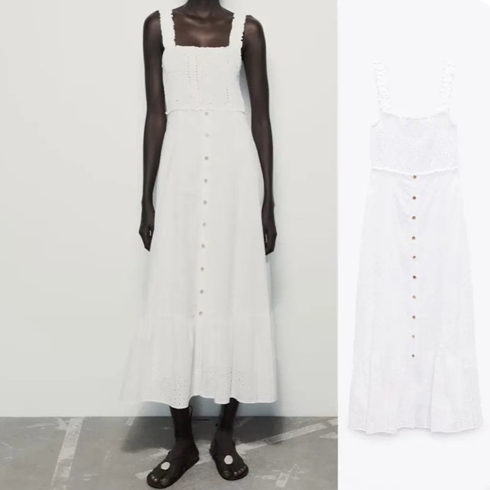 

PB&ZA 2023 Summer New Women's Wear White Hollow out Embroidery Camisole Long Dress Layered Midi Dress 8170504