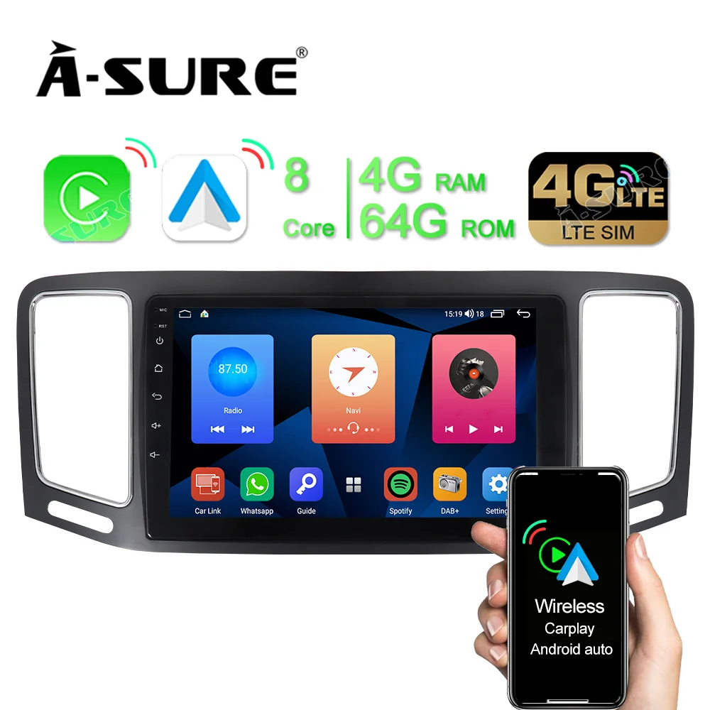 

A-SURE 2 Din 9 Inch 4+64GB Android 10 Car Radio Wireless CarPlay DSP WIFI GPS Navigation For VW Sharan Seat Alhambra 2010-2022