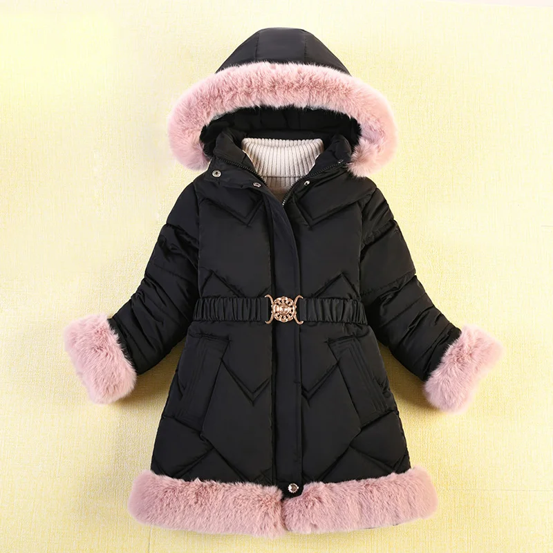 

7-12 Yrs New Fashion Children Thicken Warm Winter jacket toddler Girl Clothing Hooded Belt faux fur Coat kids Clothes Snow parka