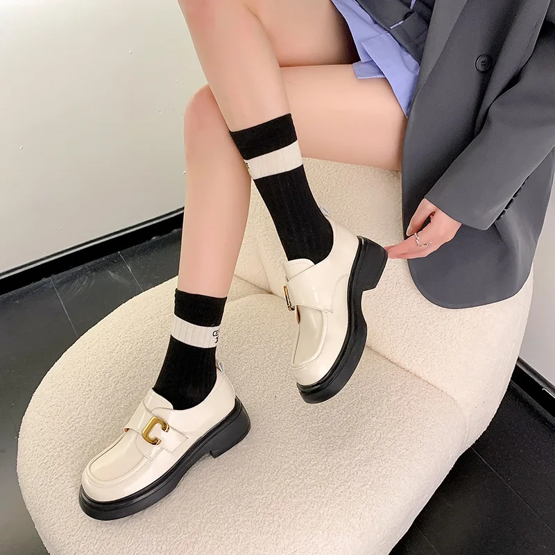 Platform Oxfords Loafers Women Buckle Deco Round Toe Splite Leather Shoes Mixed Color Casual Dress Ladies Shoes 5cm Heel