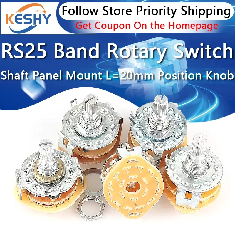RS25 Ремешковый переключатель Вал Монтаж на панели L = 20 мм 1P11T 2P4T 2P5T 2P6T 3P3T 3P4T 4P3T Поворотный переключатель Ручка положения полоса