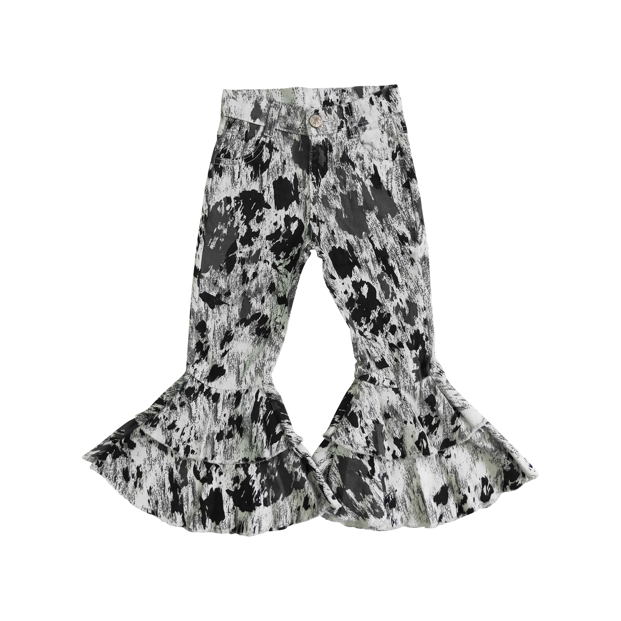 

Rts no moq infant baby girls double ruffle jeans pants Children's Clothing Baby Girls Pants Infant Denim Trousers Kids Pants