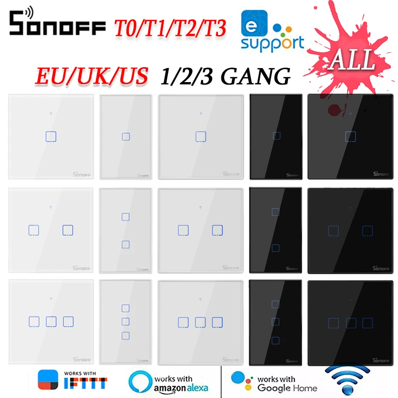 

Умный настенный сенсорный выключатель SONOFF T1/T2/T3/T0 EU/UK/US 1/2/3, Wi-Fi, управление через приложение Ewelink/RF433/Голосовое управление/сенсорное управлен...