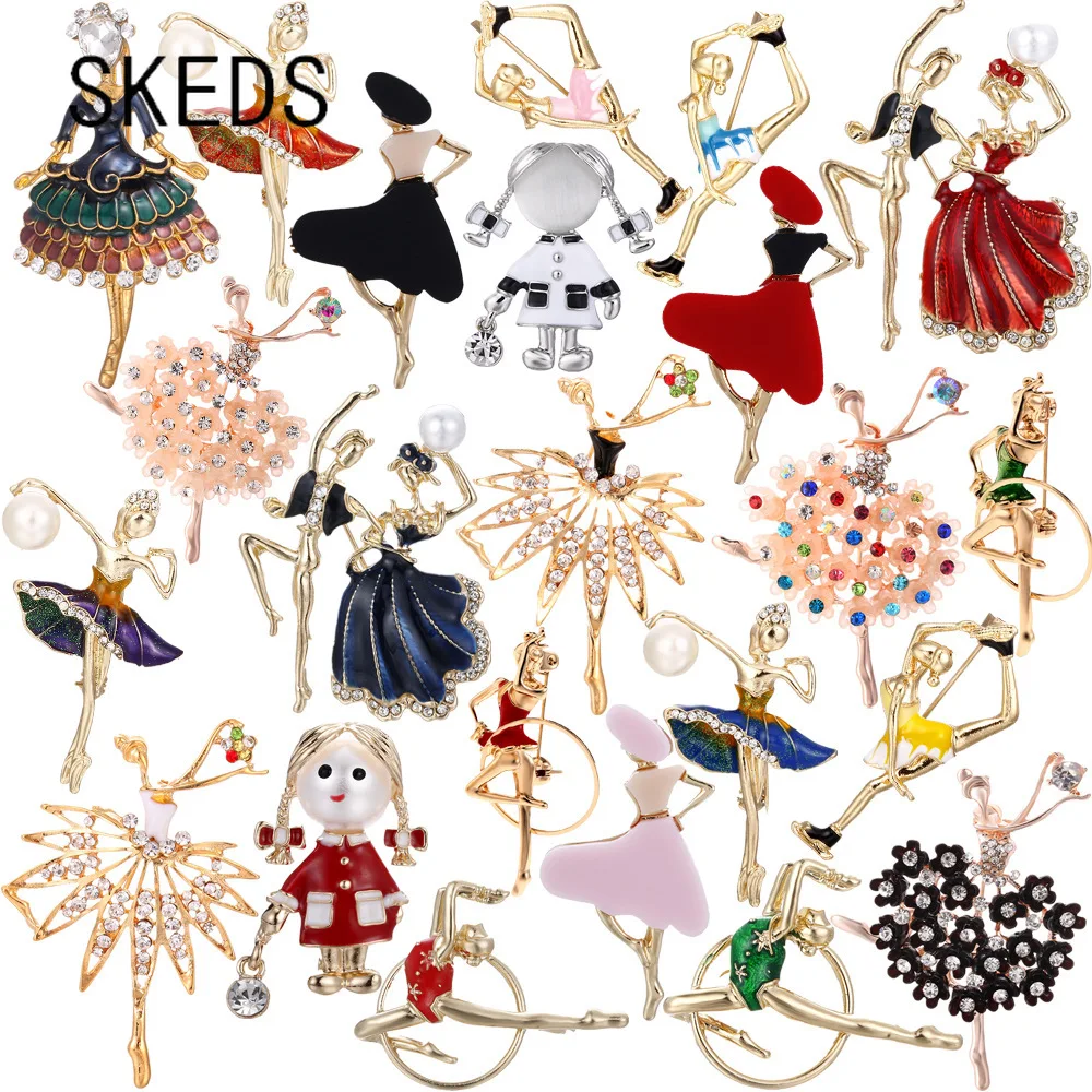 

SKEDS Fashion New Arrival Enamel Gymnastics Ballet Dancer Brooch Pin For Women Crystal Drop Oil Corsage Clothing Coat Jewelry