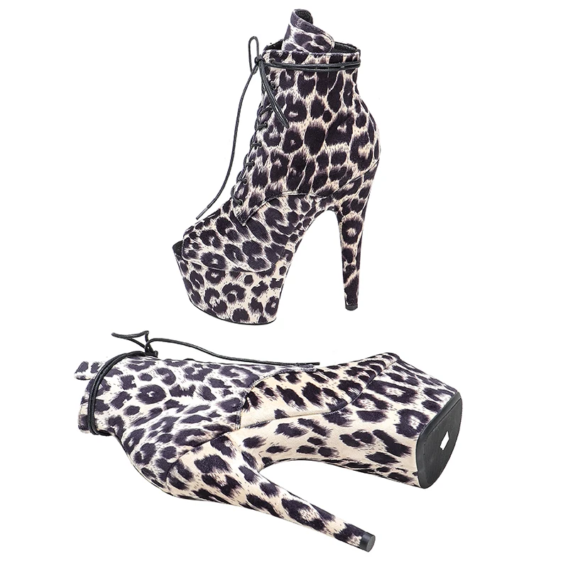 Leecabe 17CM/7inches ankle boots  leopard upper open toe   platform party  shoes Pole Dance boot