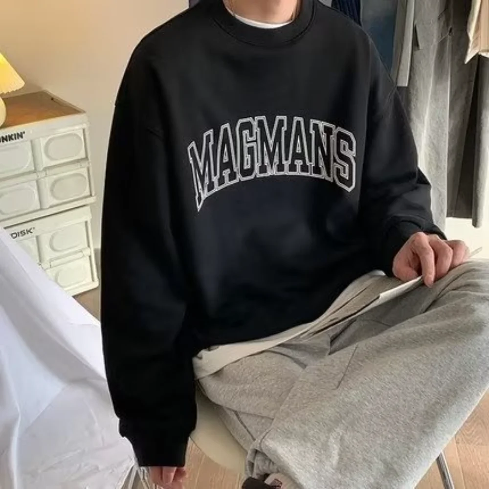 

M-8XL Men's Fashion Letter Print Vintage O-neck Sweater for Men's Retro Loose Hip-hop Long-sleeved Sweater