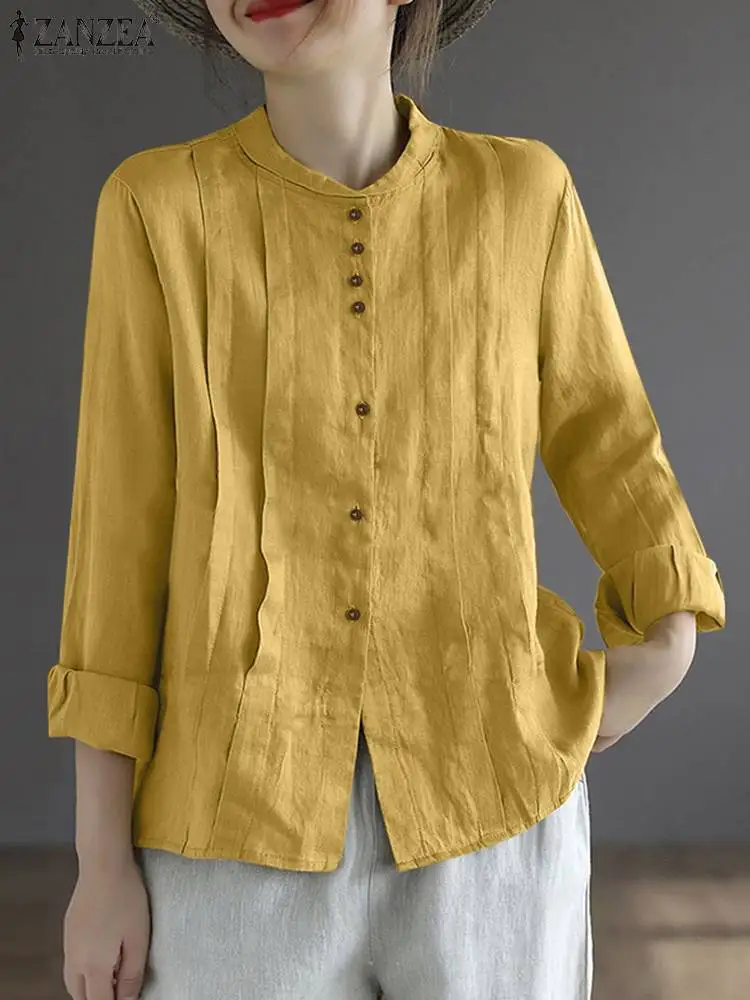 

ZANZEA Vintage Cotton Shirts Women's Autumn Tops Casual Long Sleeve Blouse Fashion Stand Neck Shirt Retro Pleated Blusas Chemise