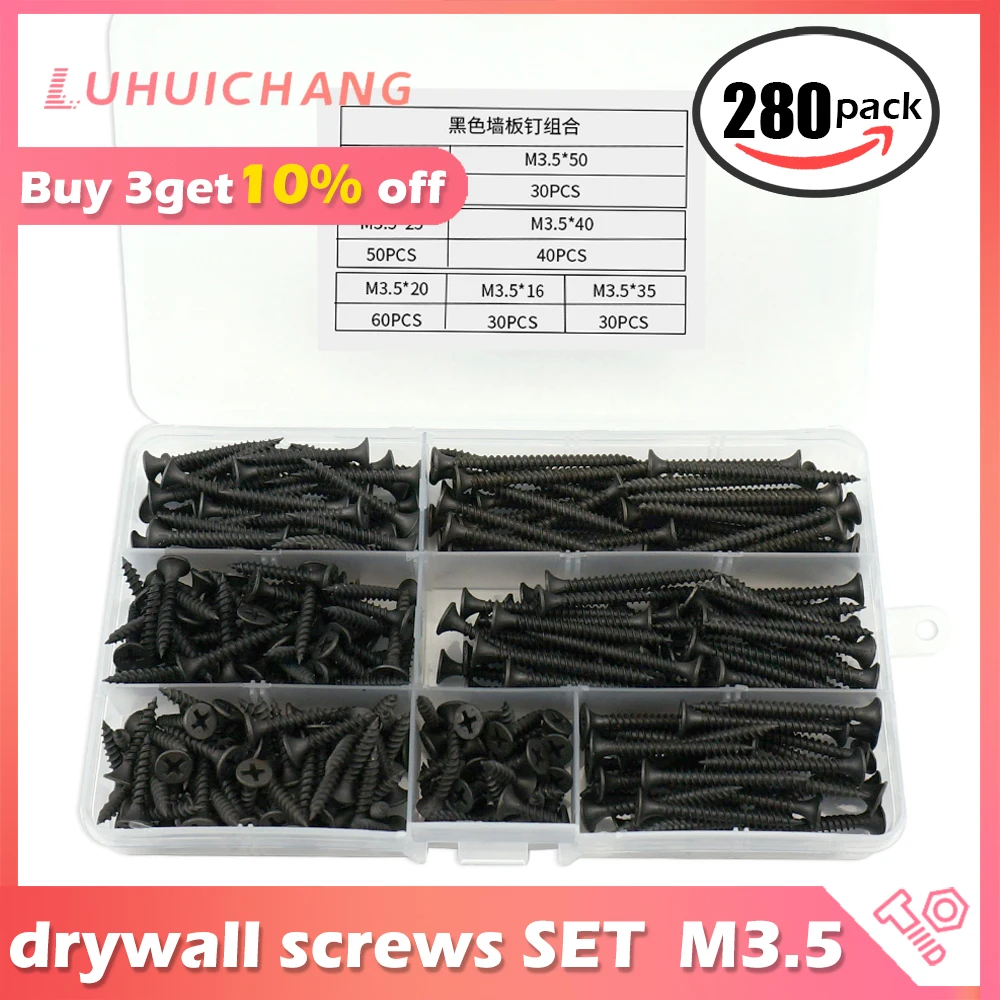 282pcs/set Drywall Screw M3.5 Wood Screws Counter Sunk Flat Head Tapping Screws with Cross Recessed Carbon Steel Philips Screws