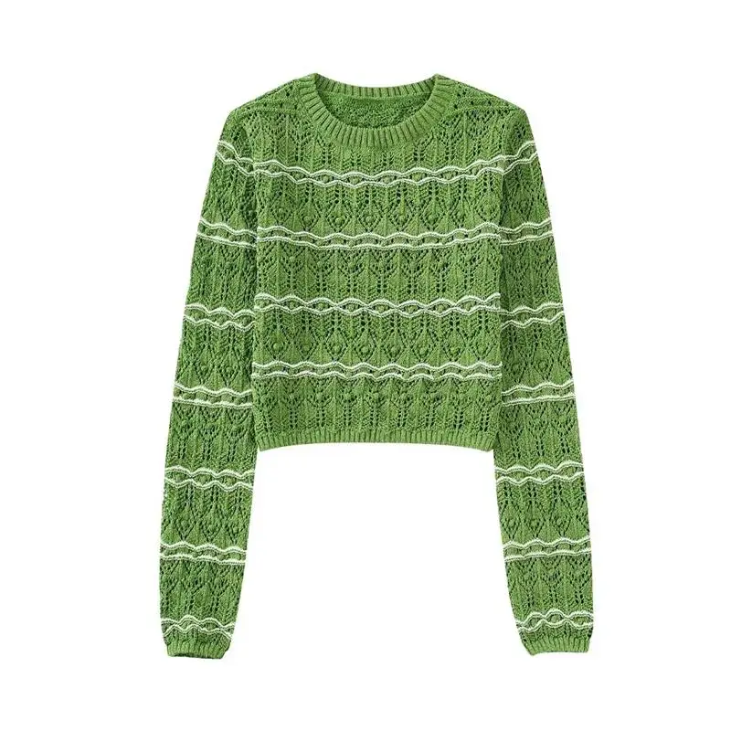 

Sweater Women 2022 New pullover Autumn Women Sweater Fashion Chic Striped Openwork Wide Elegant Youth Green pullover Sweater