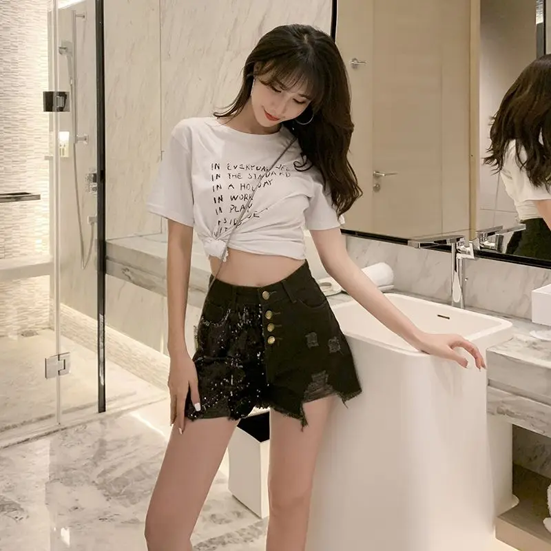 Young Style Fashion Streetwear Creative Splicing Shorts Asymmetrical Wide Leg Summer Women's Clothing Thin Zipper Pockets Button