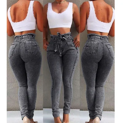 Women Jeans Summer Solid Skinny Slim Stretch Fringe Belt Pencil Jeans High Waist Tassel Drawstring Femme Stretch Denim pants