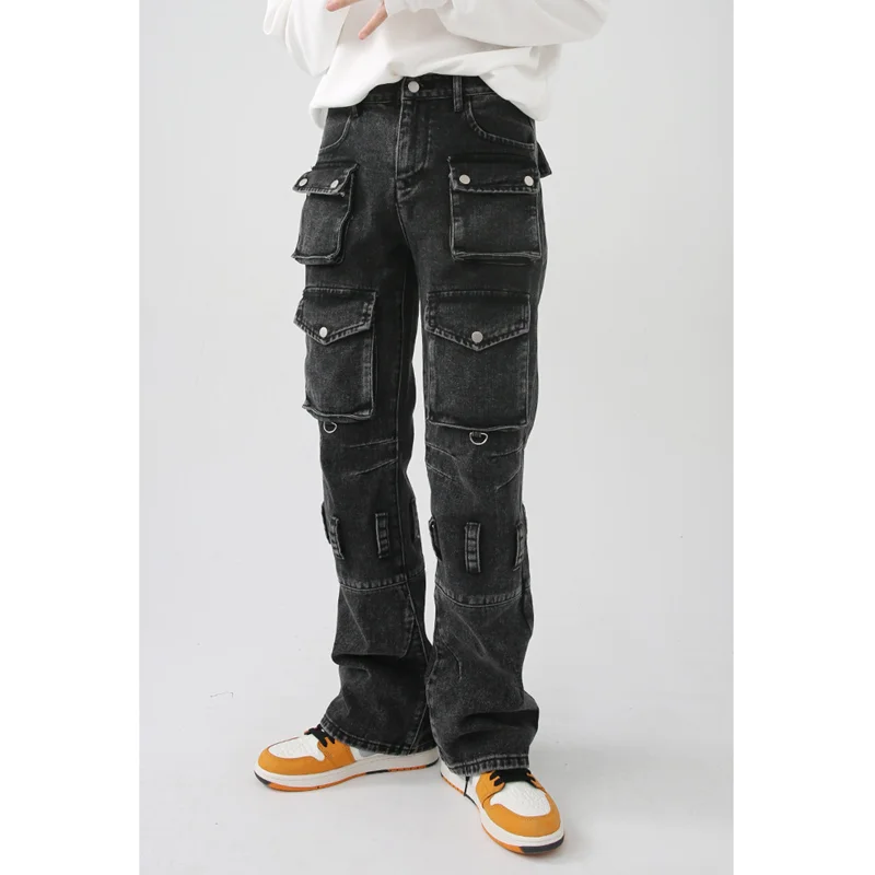Streetwear Men 2022 New Pattern Recreational  Straight Cylinder  Black Jeans Multiple Pockets Loose  Cargo Pants Autumn Female