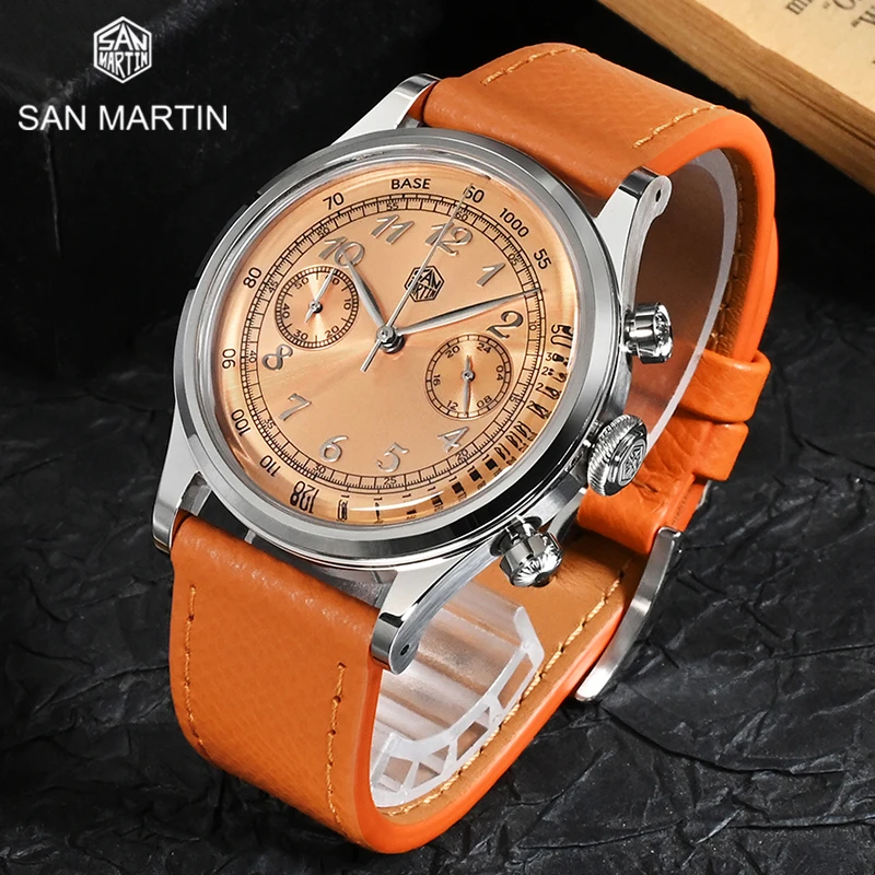 

San Martin Men Watch Luxury 38mm Chronograph Quartz Watches Panda Couple Wristwatch 50M Waterproof Quick Release Leather Strap