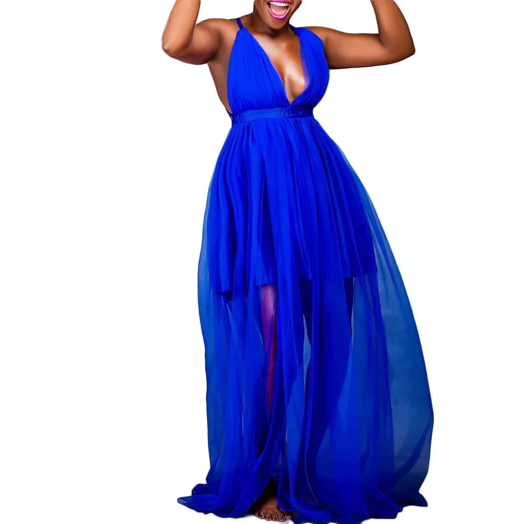 

2022 African Dresses for Women Summer African Women Blue Red Polyester Spaghetti Strap V-neck Long Dress African Clothes Women