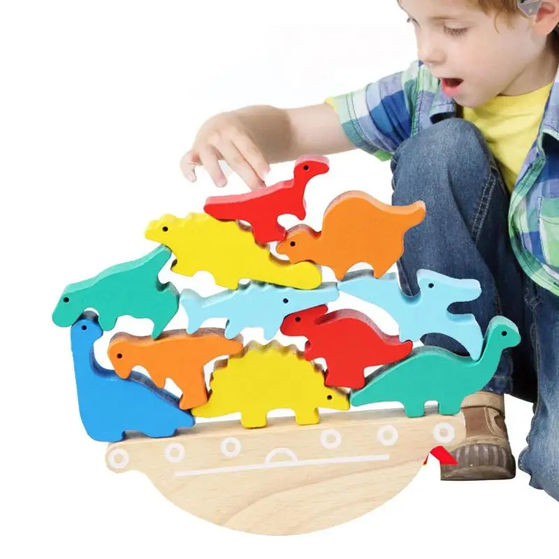 

Children Montessori Wooden Dinosaur Balance Blocks Stacking Toy Animal Building Block Stacking Games Family Interactive Toy