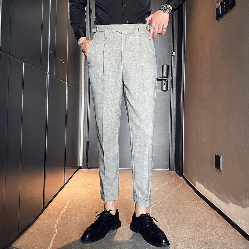 

2023 Top Quality Luxury Business Suit Pants Autumn Winter Men British Style Slim Fit High Waist Casual Thousand Bird Grid Pants